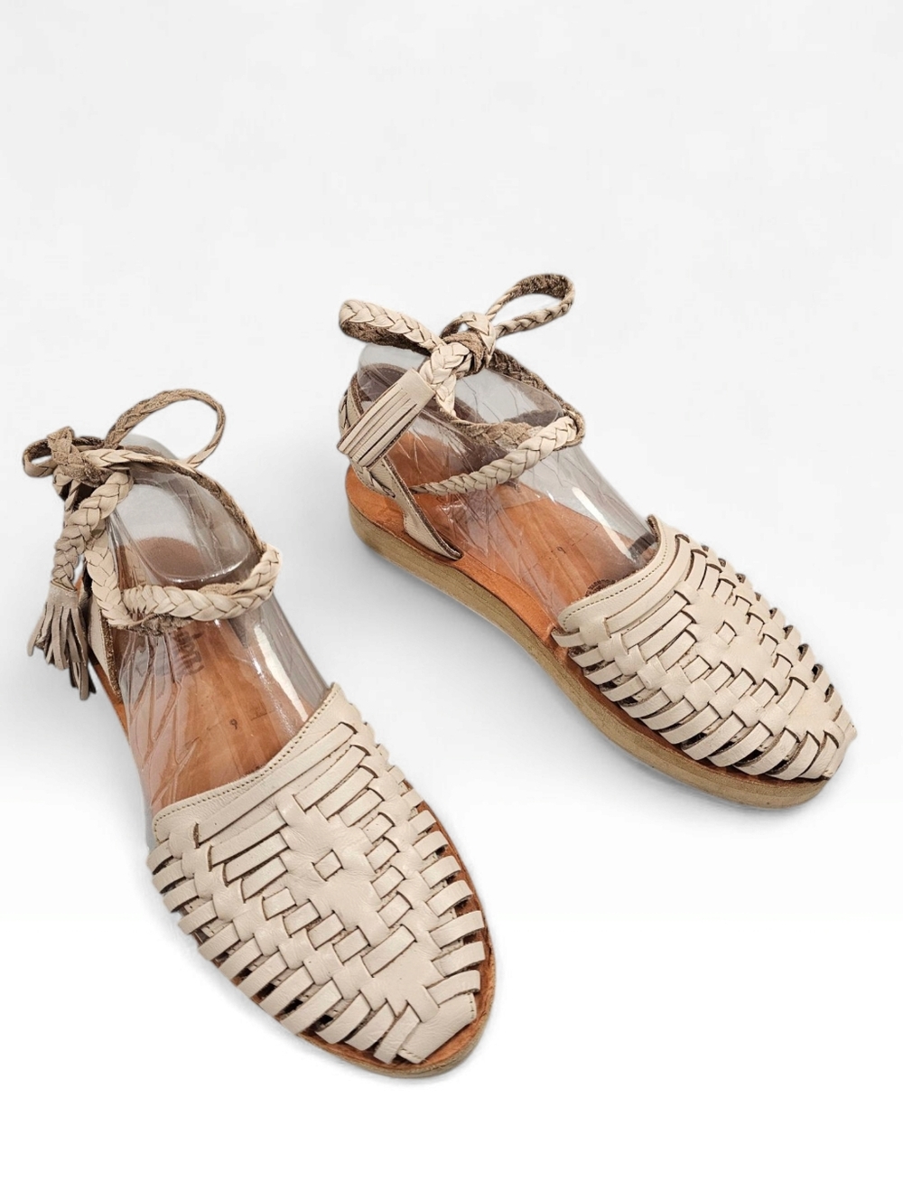 ESPIRITU Women Beige Leather Woven Ankle Wrap Mexican Huaraches Sandals 9M